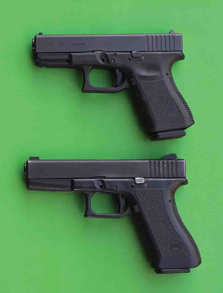 The Glock 19 (top) is the most popular selling pistol. For size comparison, the original Glock 17 (bottom) is shown.
